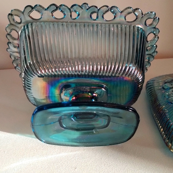 Carnival Indiana Iridescent Blue Glass Candy Dish with Lid - Picture 7 of 12